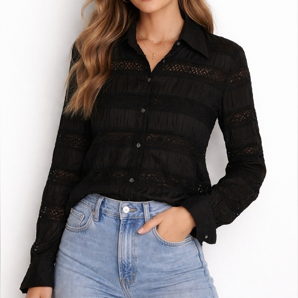 Vintage Saks Fifth Avenue Black Embroidered Lace Button-Up Blouse Romantic